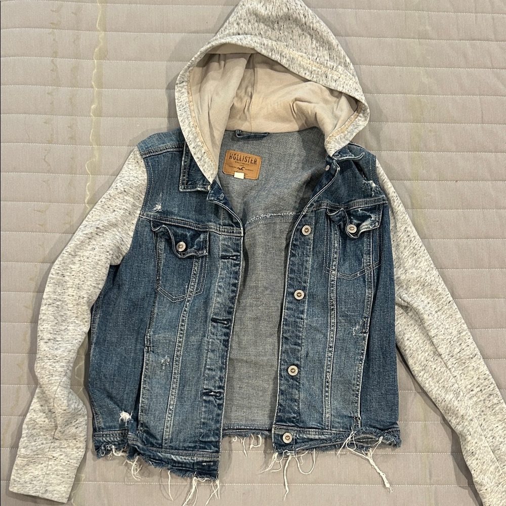 Hollister Blue Denim Jacket with Gray Sleeves and Hood